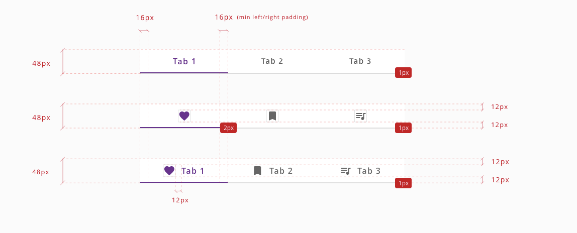 48px height fixed tabs design specifications