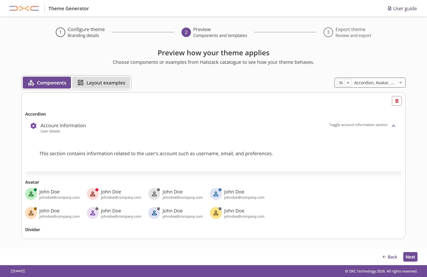 Theme generator step 2 components